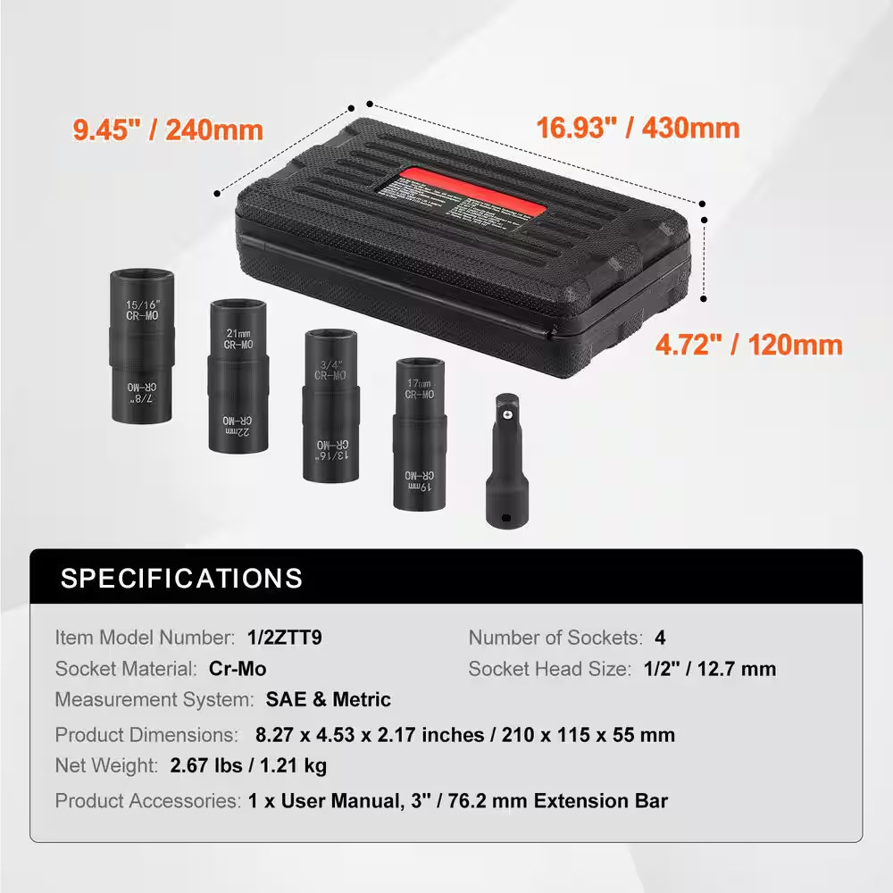 Lug Nut Impact Socket Set, 1/2 In. Drive Metric and SAE 6-Point Flip Socket Set,