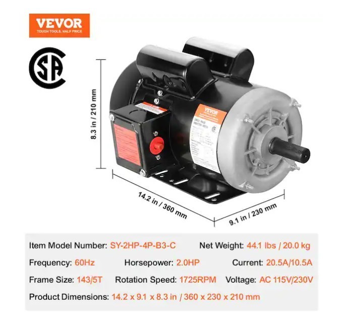 VEVOR 2HP Electric Motor 1725 rpm, AC 115V/230V, 56C Frame, Air Compressor Motor