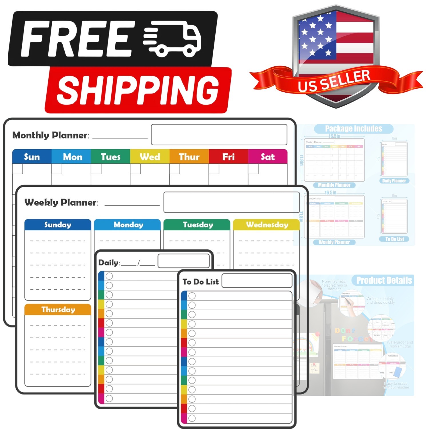 4 Pack Non-Magnetic Dry Erase Calendar Board Set, Monthly, Weekly, Daily, Lis…