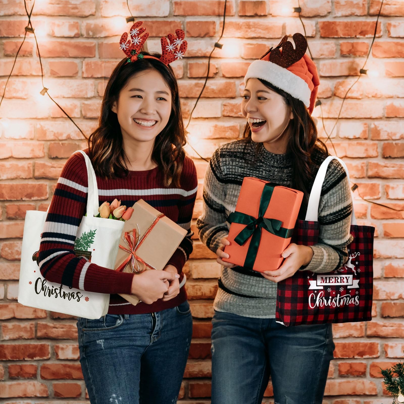 Bencailor 2 Pcs Christmas Canvas Tote Bags Classic Christmas, Red and Black