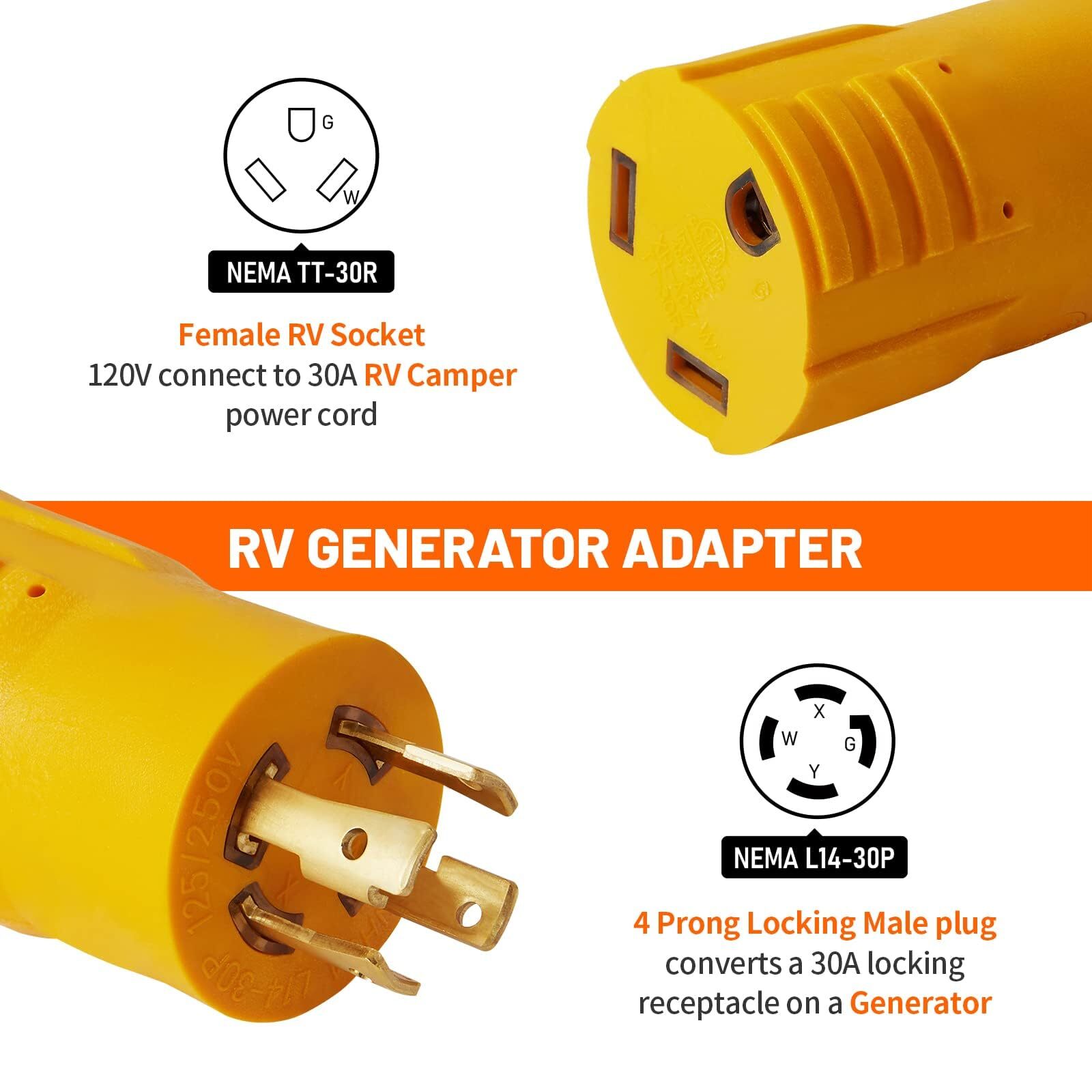 L14-30P to TT-30R 30 Amp RV Generator Adapter, 4 Prong 30A L14-30P Locking Male