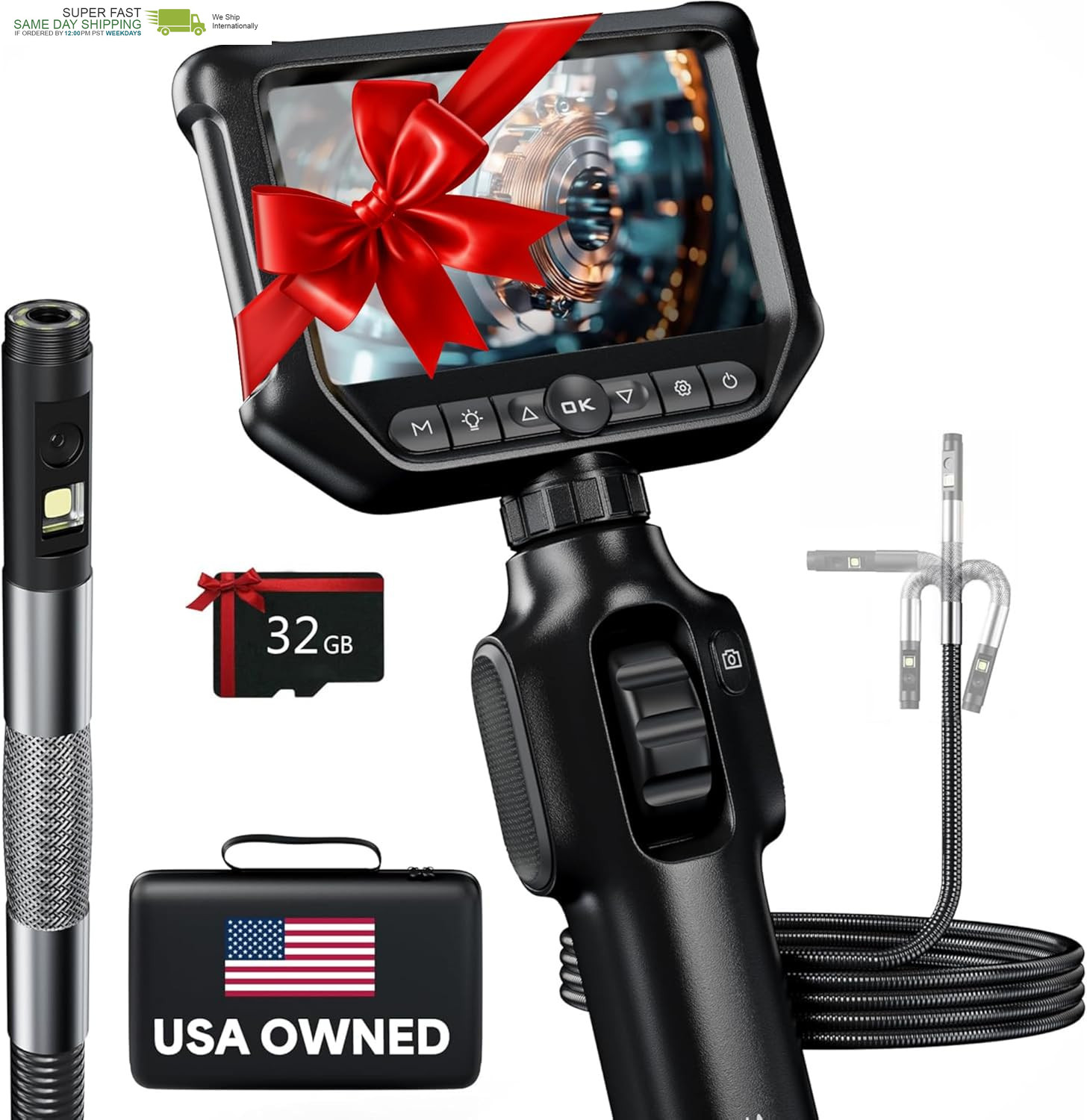 Two-Way Articulating Borescope 360°, Dual Lens Inspection Camera with Light, 6Mm
