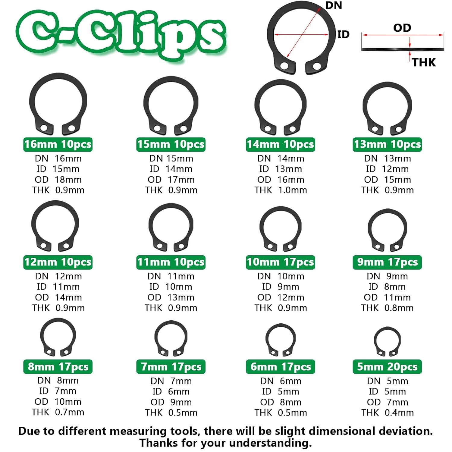 330Pcs Snap Rings Assortment Kit External Retaining C Clips E-Clip Circlip Set