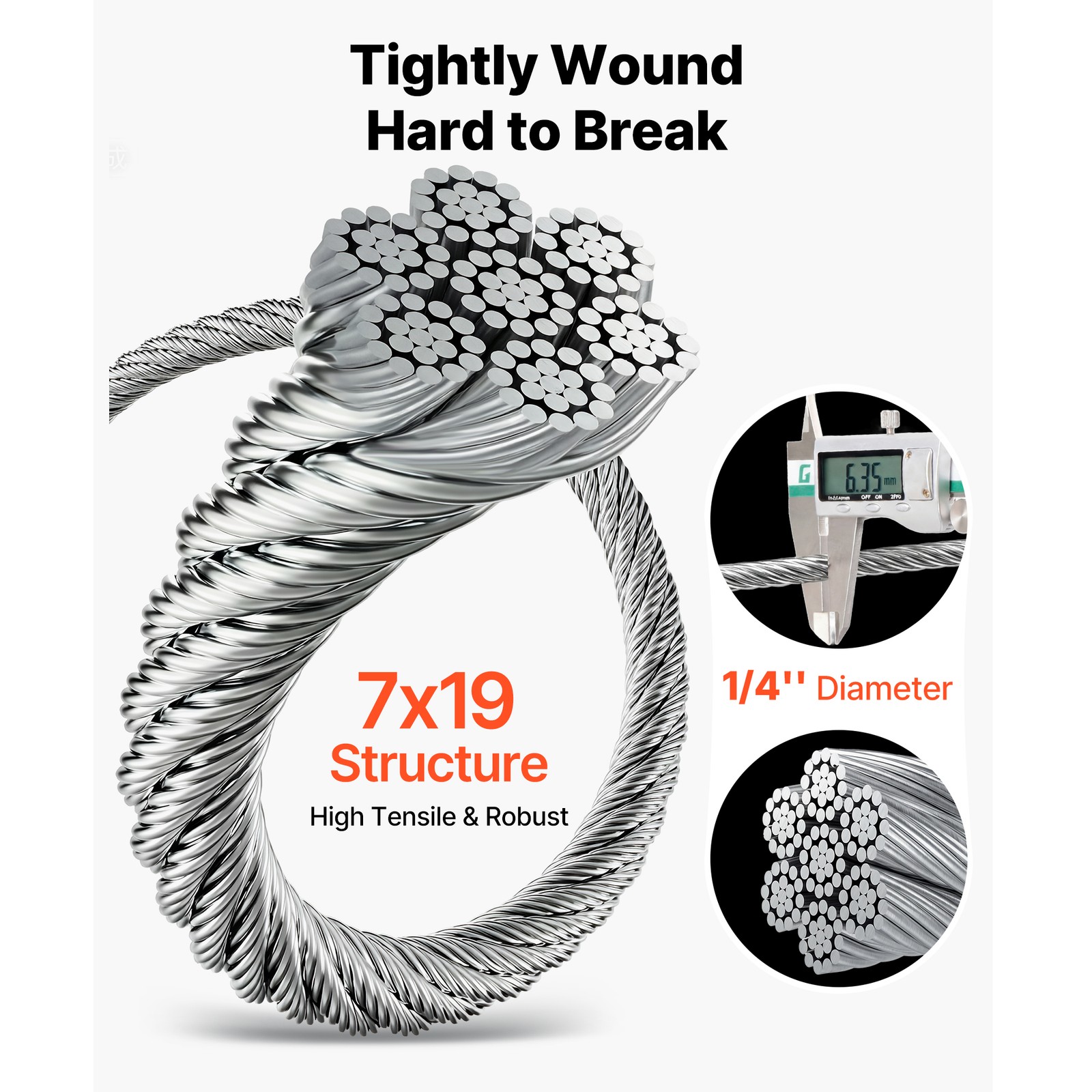 Uimoso Galvanized Carbon Steel Wire Rope 1/4 in 7×19, 250 ft Cable for Railing