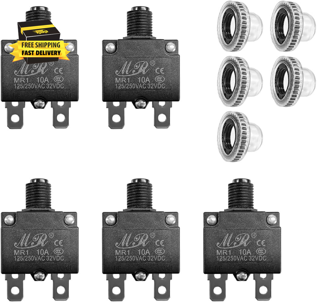 5 PCS , 125/250V AC 32V DC 10A Circuit Breaker with Manual Reset Push Button, Ov