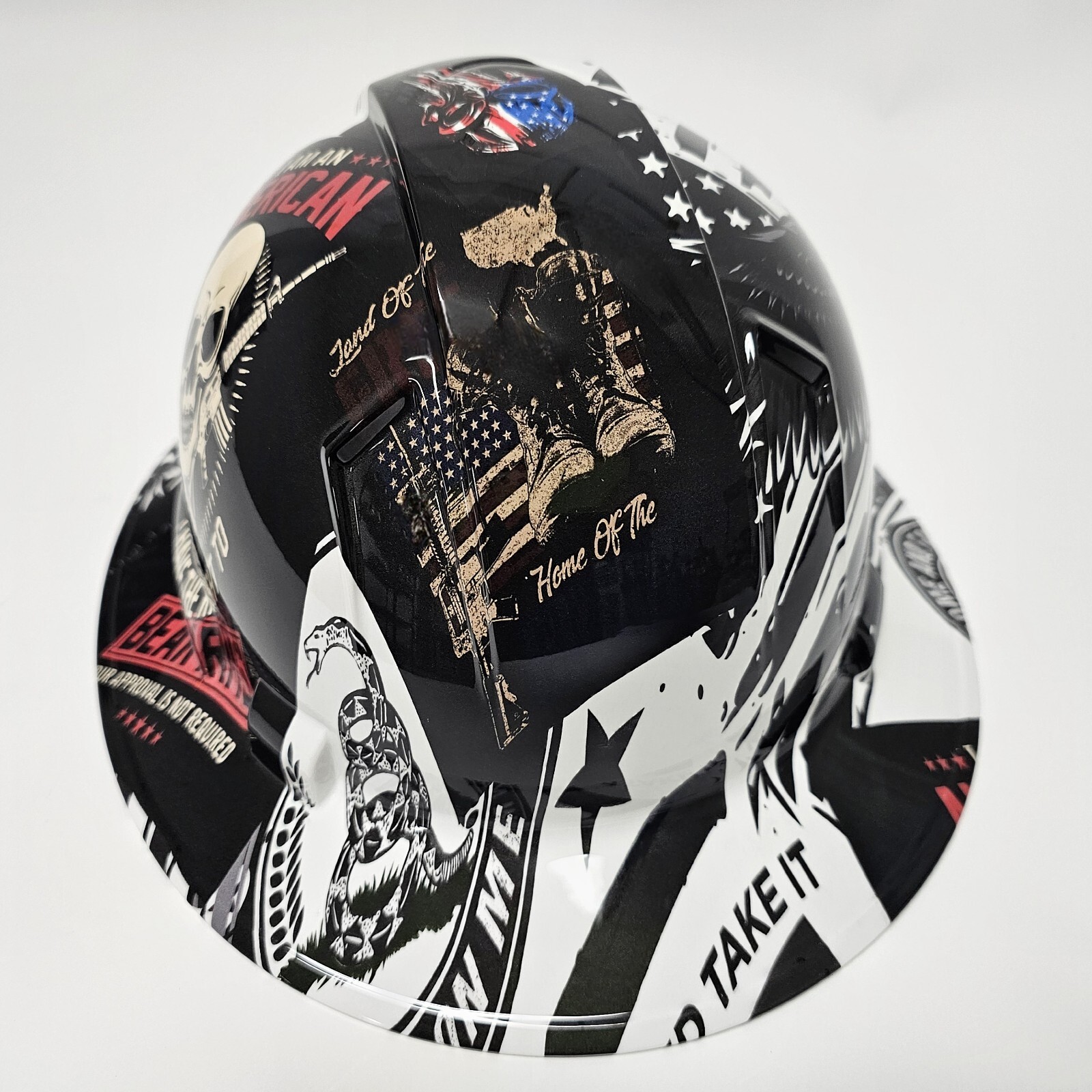 full brim hard hat custom hydro dipped IN PATRIOT COME AND TAKE IT STICKER BOMB
