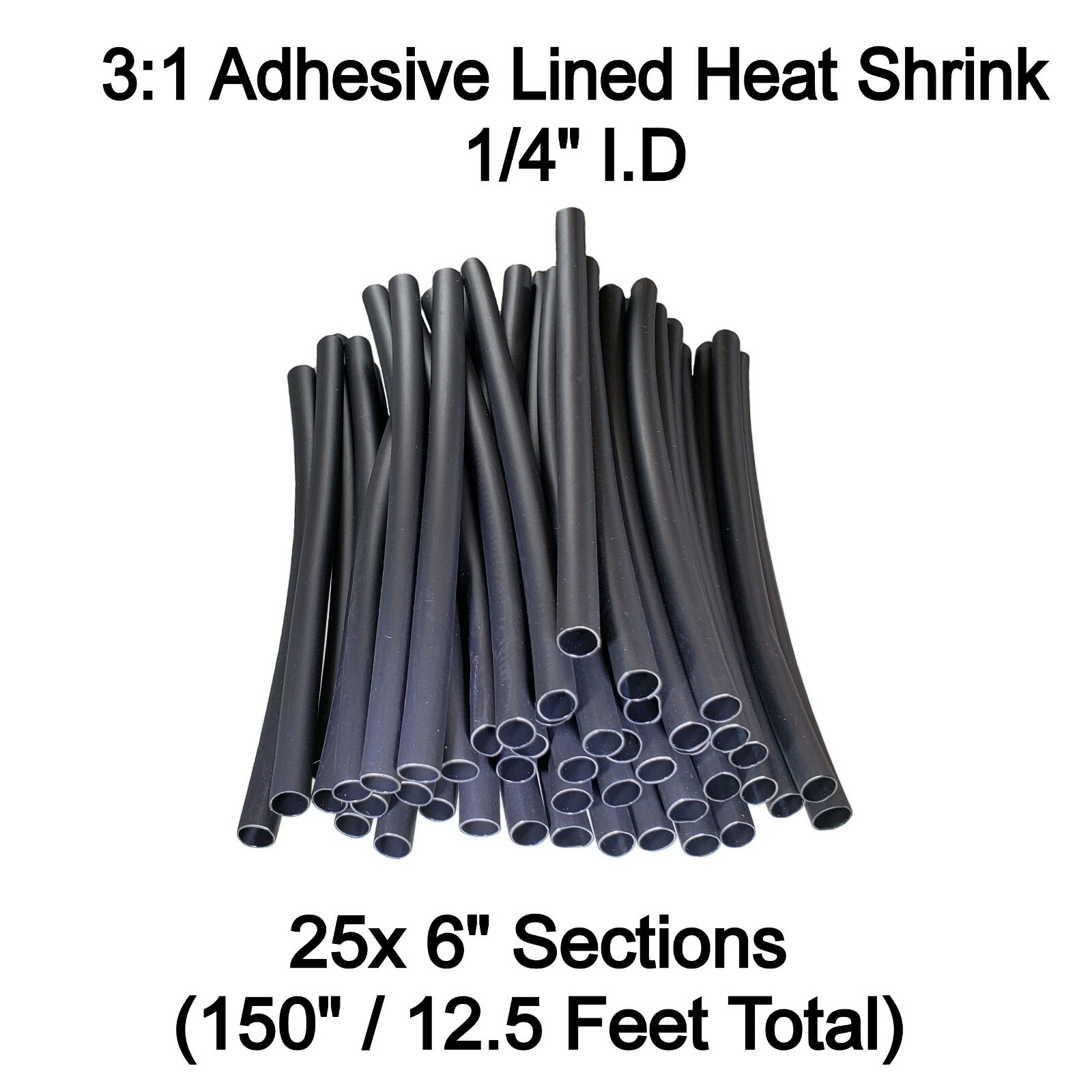 25x 6″ Pcs 1/4″ Black 3:1 Heat Shrink Tubing Adhesive Lined Dual Wall (12.5Feet)