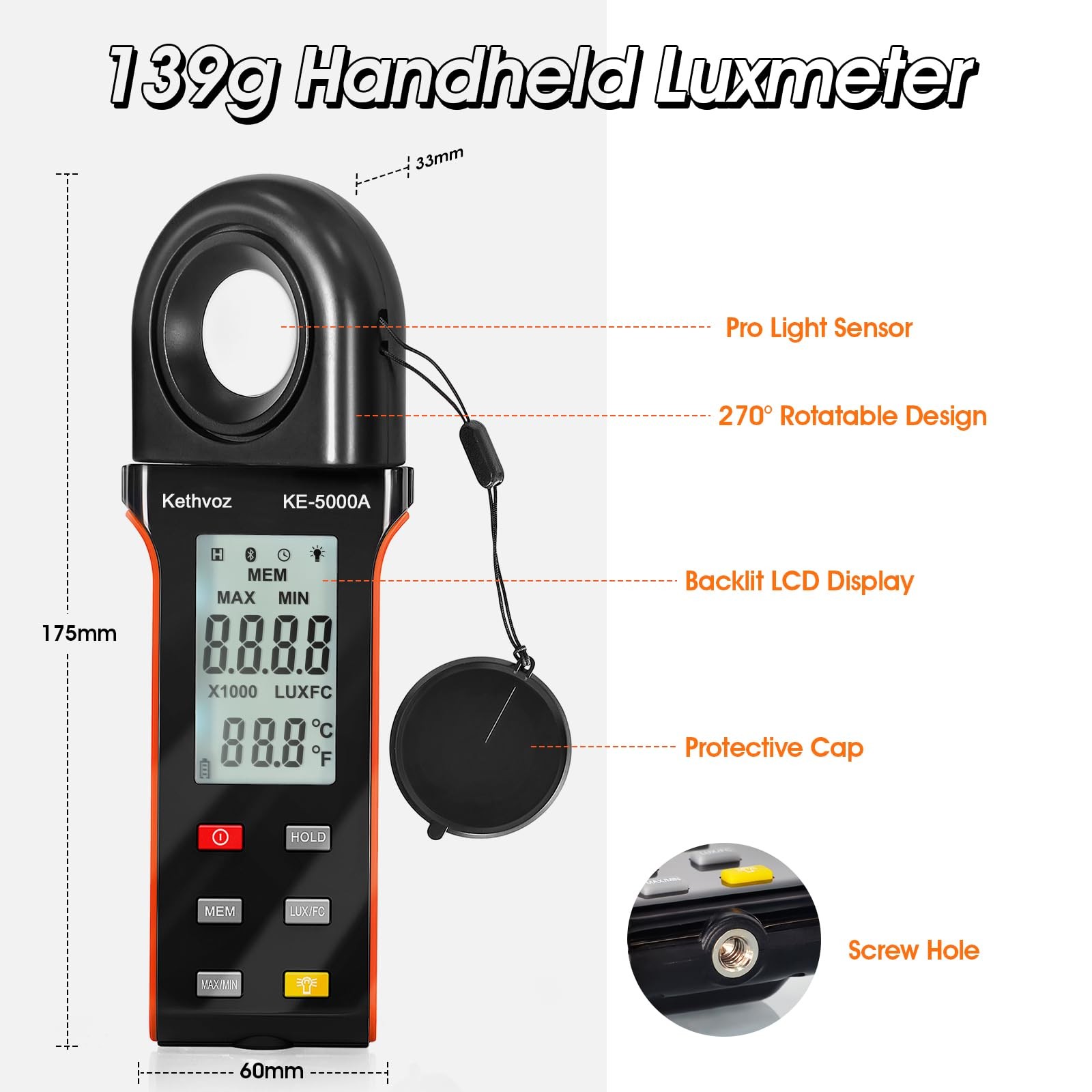 Digital Illuminance Light Meter, 400,000 Lux/FC Illuminance Tester with 270° …