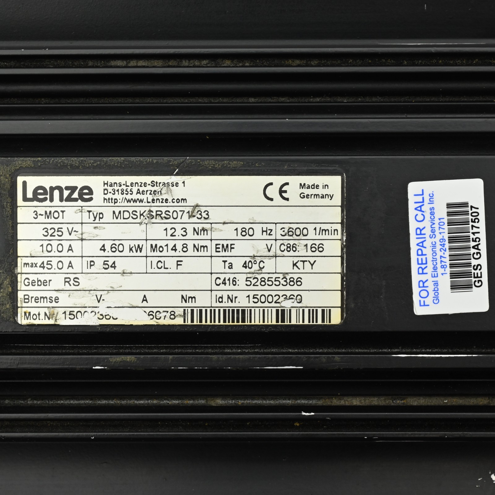 Lenze MDSKSRS071-33 Servo Motor 325V~, 12.3Nm, 180Hz, 3600 1/min, 10.0A, 4.60kW