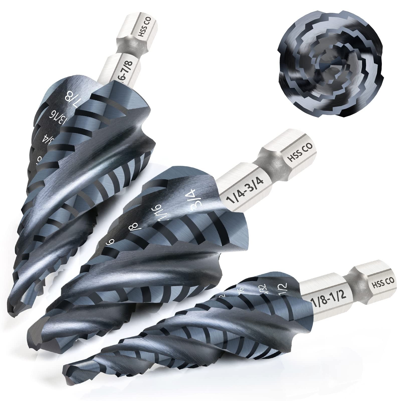 M35 Cobalt Step Drill Bit 1/8-1/2 TiAlN 1/4 Hex 4 Flute