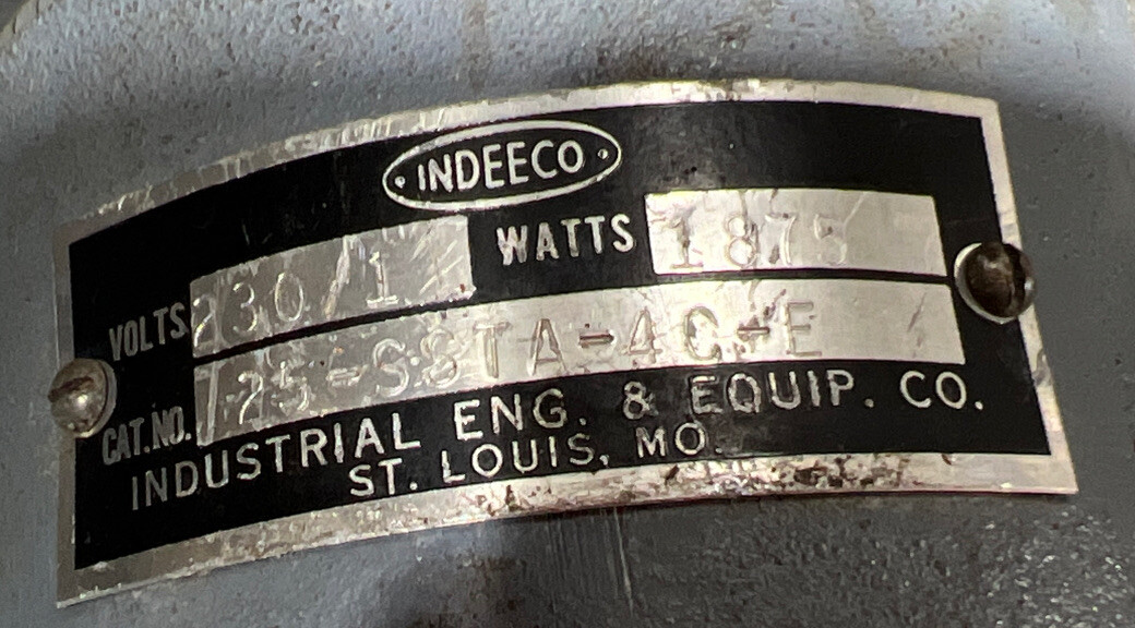 Used Surplus INDEECO Immersion heater Cat No 25-SSTA-4C-E 230V 1875 Watts 1 ph