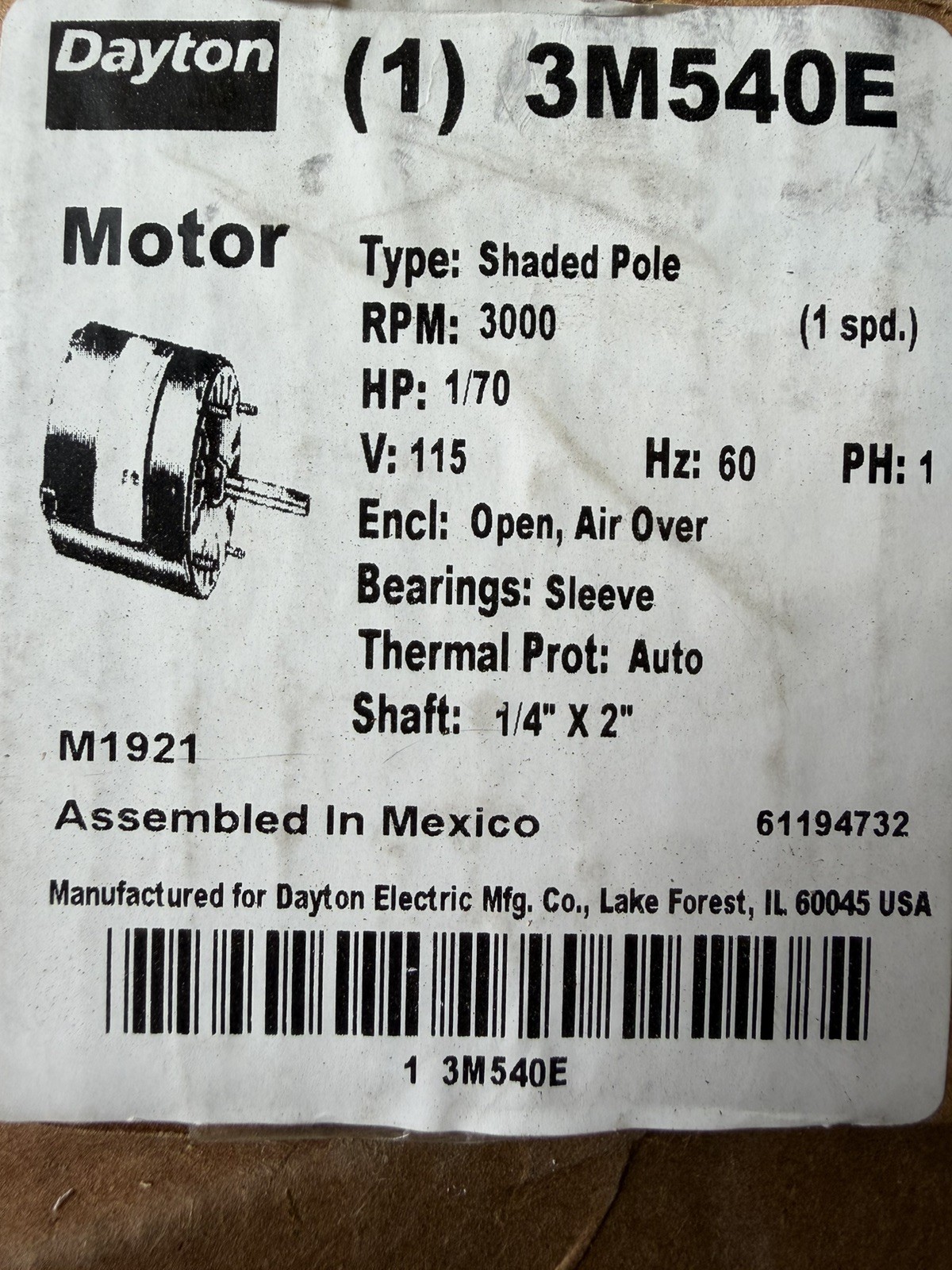 Dayton 3M540 HVAC Shaded Pole Motor 1/70HP 3000 Rpm 115V 71213795M 3M540E