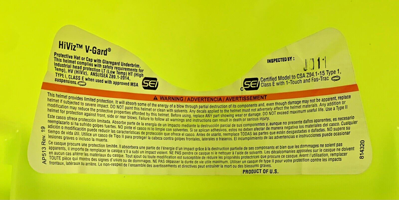 MSA 10061515 Safety Full Brim Hard Hat Type 1 V-Gard Fas-Trac Hi-Viz Yellow M