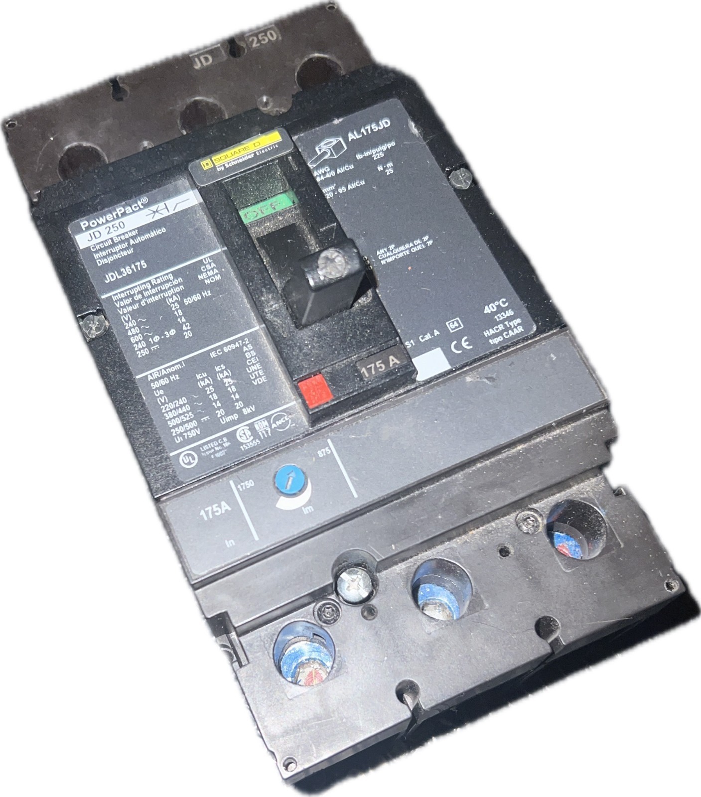 Square D JDL36175 PowerPact JD250 175A 3P 600V Circuit Breaker AL175JD