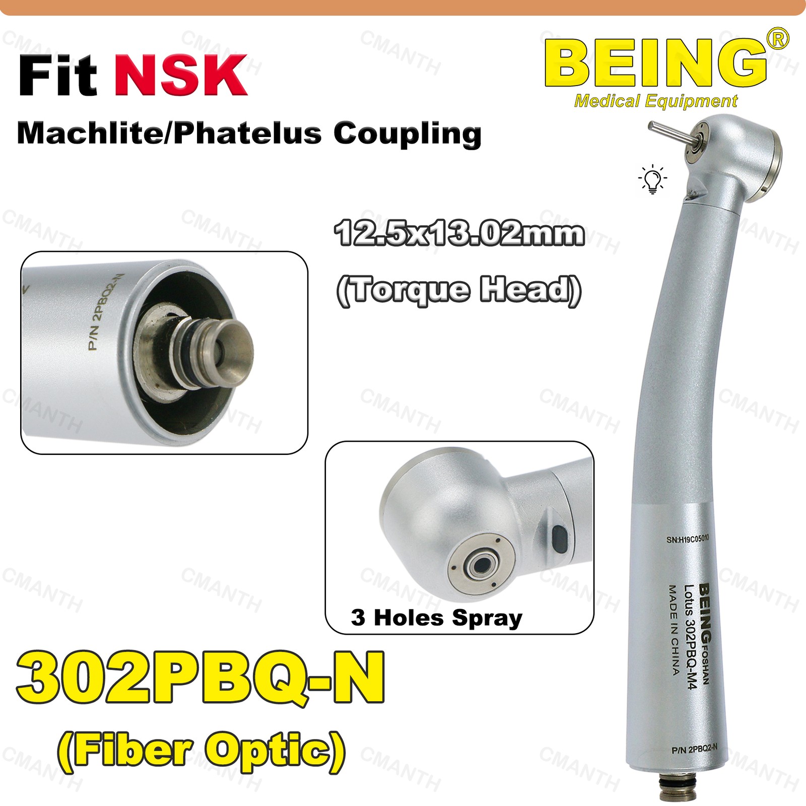 US BEING Dental Fiber Optic Handpiece High Speed Turbine 6 Hole Coupling Fit NSK