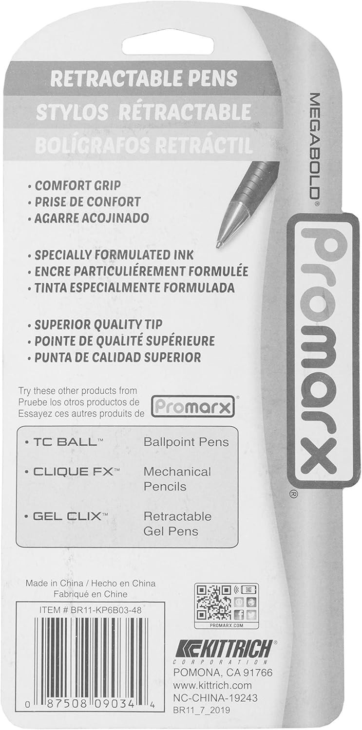 Promarx Megabold Retractable Ballpoint Pens with Comfort Grip, 1.6 mm, Black, 3