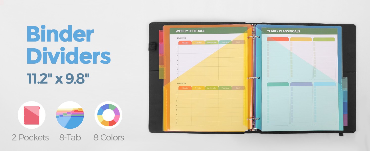 Binder Dividers with Tabs and Pockets,8 Tab Dividers for 3 Ring Binder, Plastic