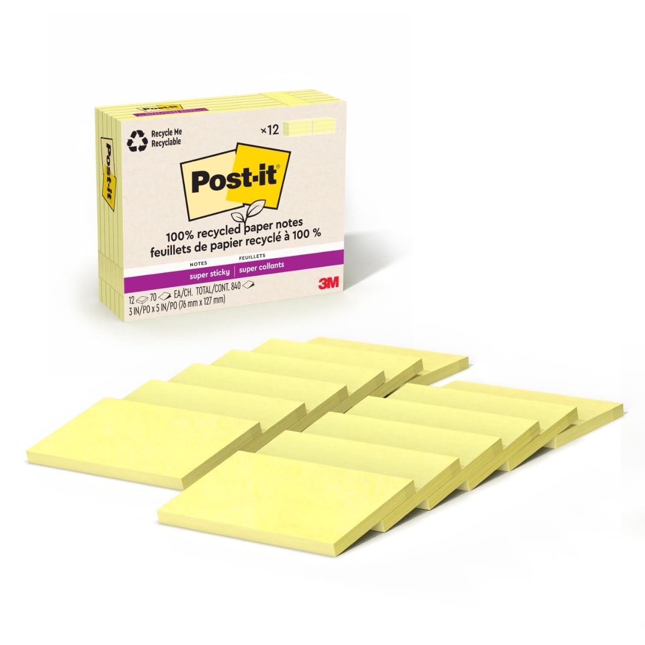 Post-it 100% Recycled Super Sticky Notes, 3 x 5 In, Canary Yellow, 12 Pads