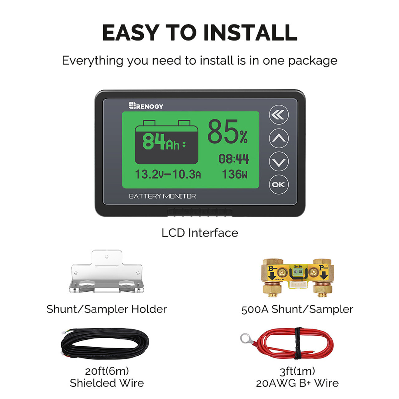 Renogy 500A Battery Monitor with Shunt, High and Low Voltage Programmable Alarm