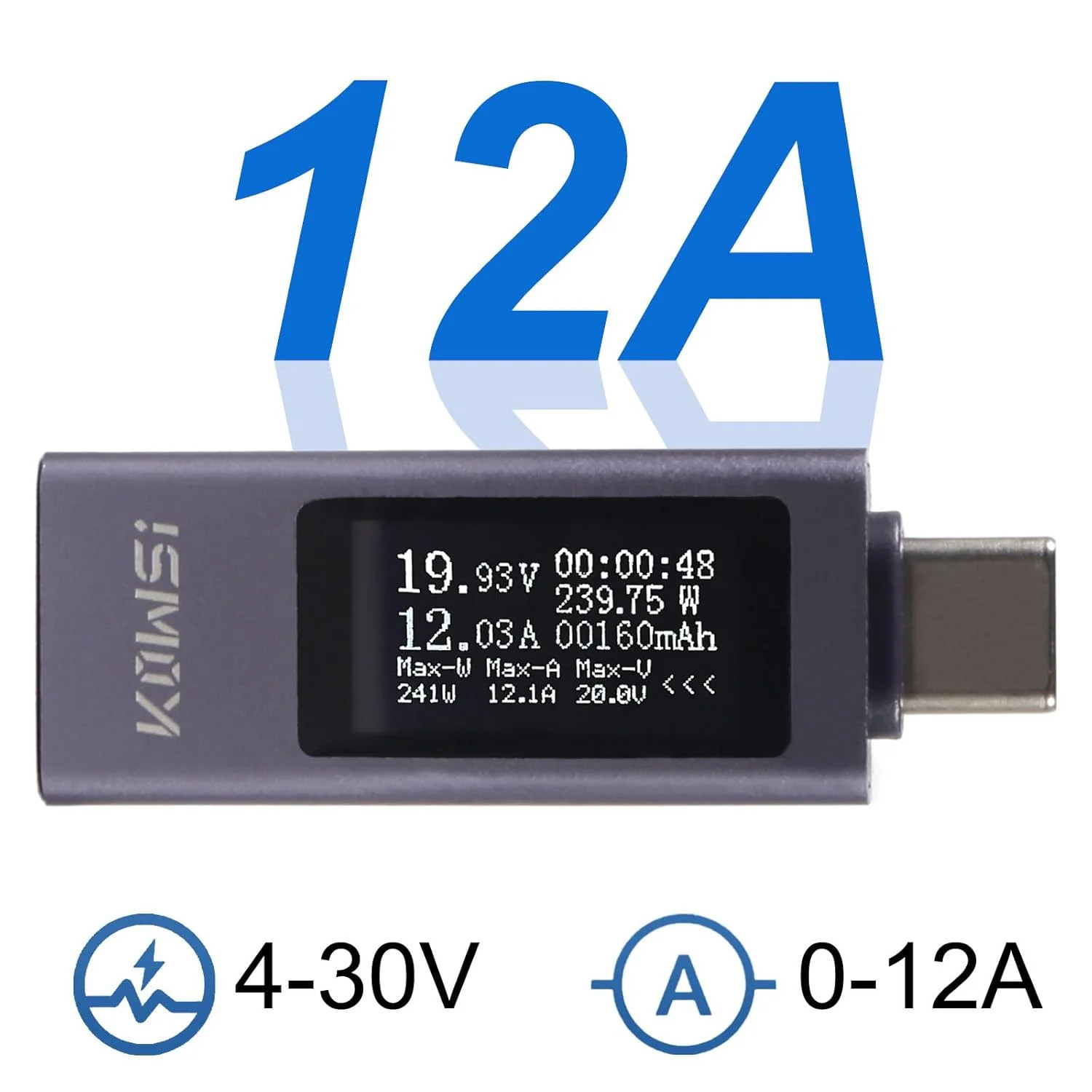 2Pcs USB C Tester Power Meter Digital Multimeter 4-30V 0-12A LCD Display Type C