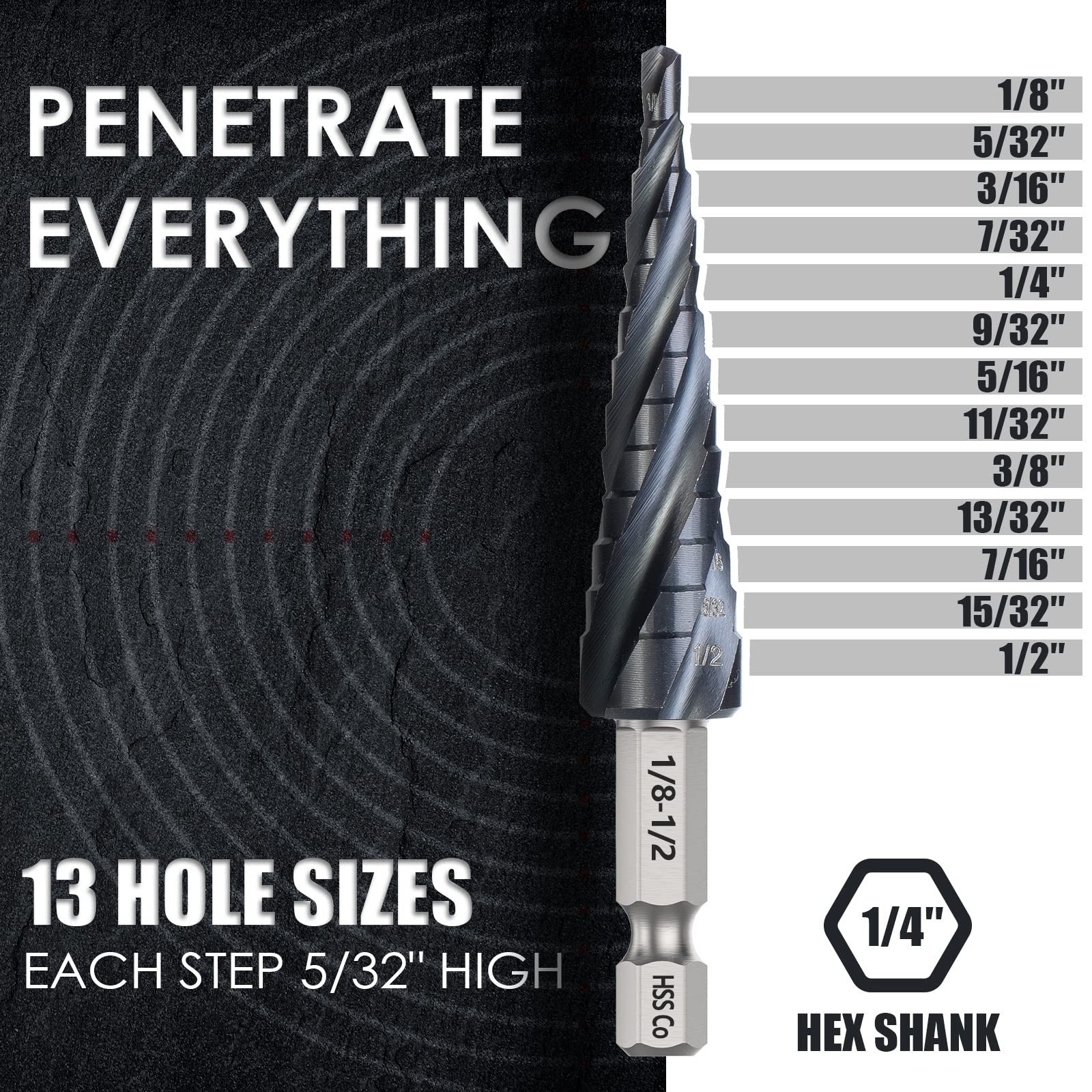 M35 Cobalt Step Drill Bit 1/8-1/2 TiAlN 1/4 Hex 4 Flute