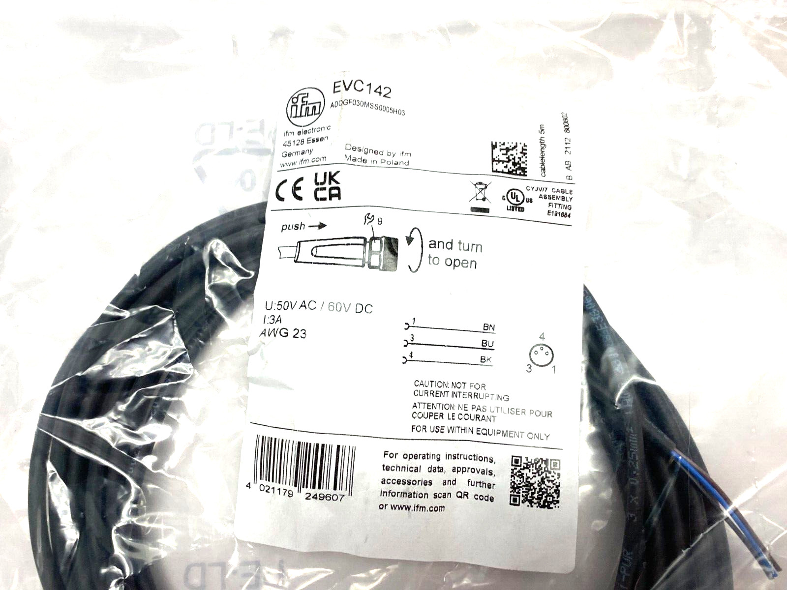 Ifm EVC142 Single Ended Female M8 to Pigtail Cordset ADOGF030MSS0005H03