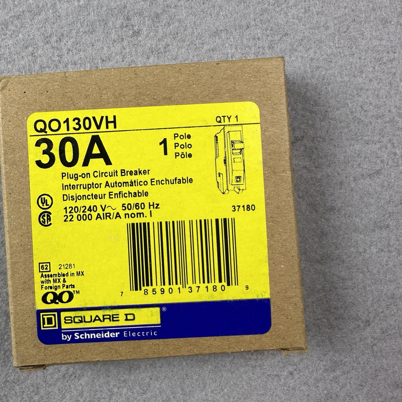 SQUARE D QO130VH 30A 120 V 22kA Circuit Breaker QO Type 1 Pole New in Box