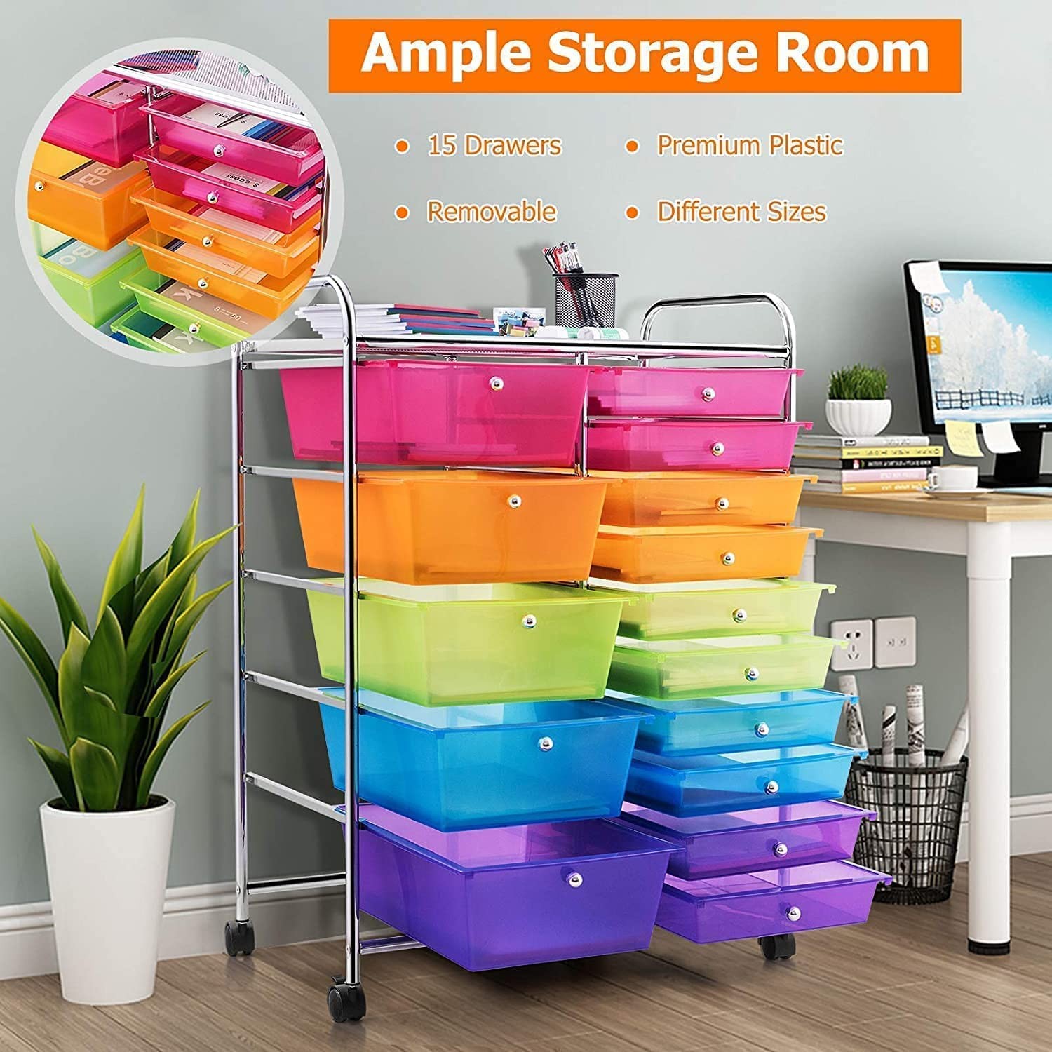 COSTWAY 15 Drawer Rolling Storage Cart, Mobile Utility Cart with Rainbow