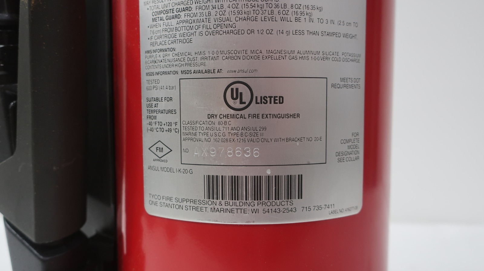 Ansul I-K-20-G Red Line Type B:c Dry Chemical Fire Extinguisher