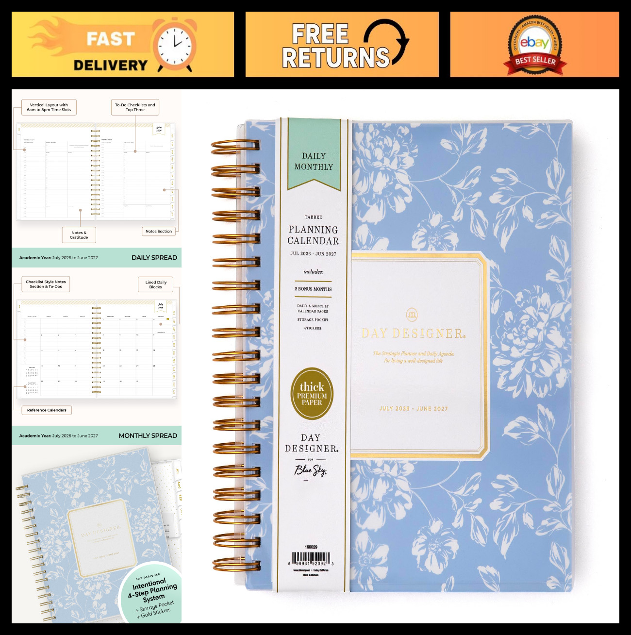 2026-2027 Academic Planner – Daily & Monthly, 8″x10″, Flexible Cover, Wirebound,