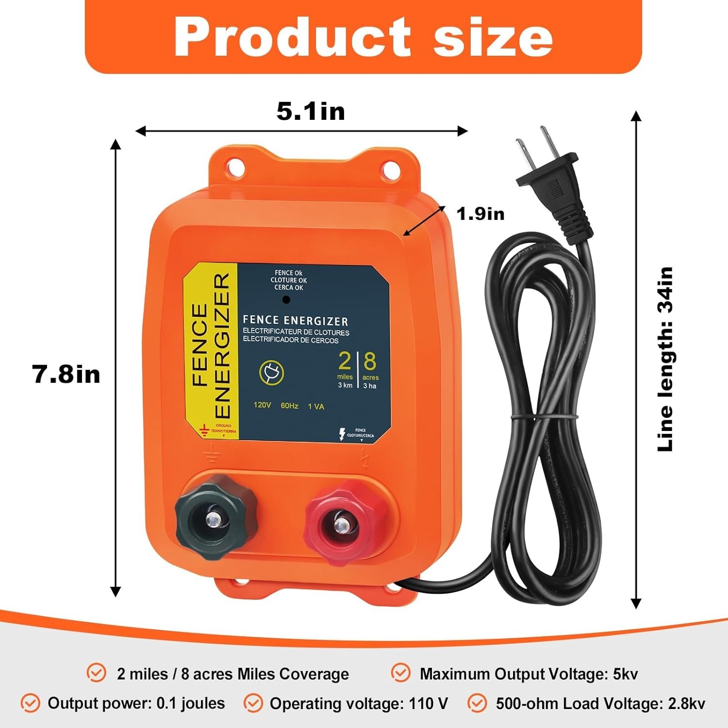 Electric Fence Charger 0.10 Joule Plug In 2 Mile 8 Acre Fence Energizer Livestoc