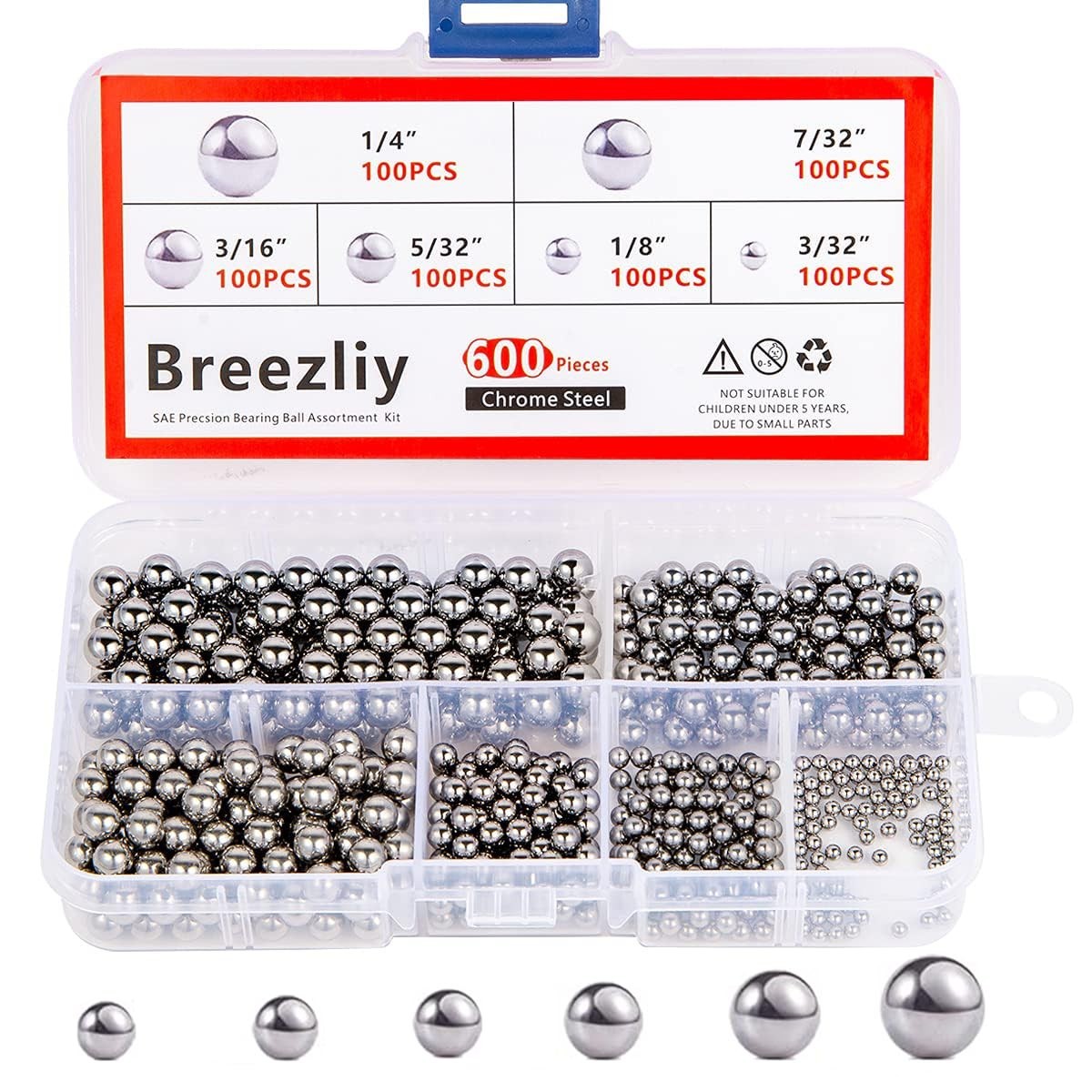600 Piece 6 Sizes Assorted Loose Bicycle Bearing Balls 1/4″ 7/32″ 3/16″ 5/32″…