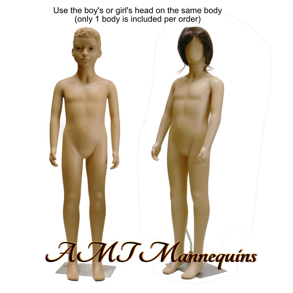 Child fullbody realistic looking mannequin w. 1 girl, 1 boy head +metal base+wig