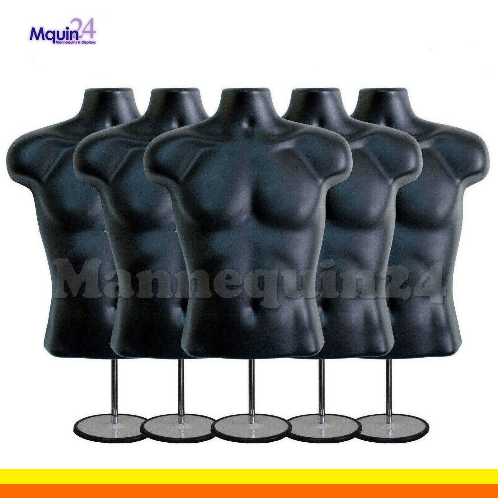 5 MALE TORSO MANNEQUIN FORMS -BLACK w/ 5 STANDS + 5 Hanging Hooks Men Clothings