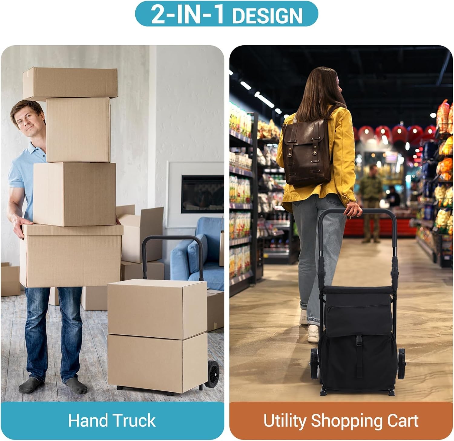 GARVEE Foldable Grocery Cart & Hand Truck, Large Storage Bag, Built-in Seat
