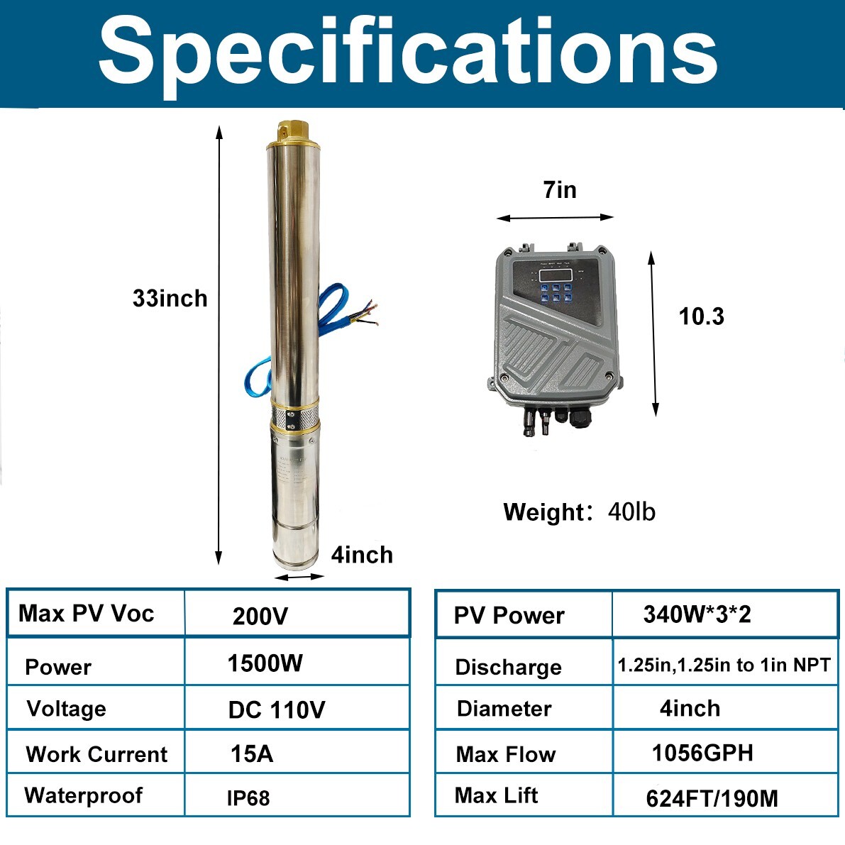 2HP 4″ Solar Pump Submersible Pump Bore Deep Well Pump+MPPT Controller DC 110V