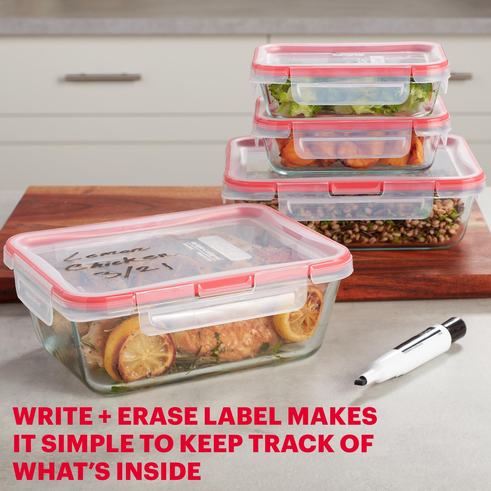 Pyrex Freshlock 4-Pack Mixed Sized Glass Food Storage Containers Set Plastic