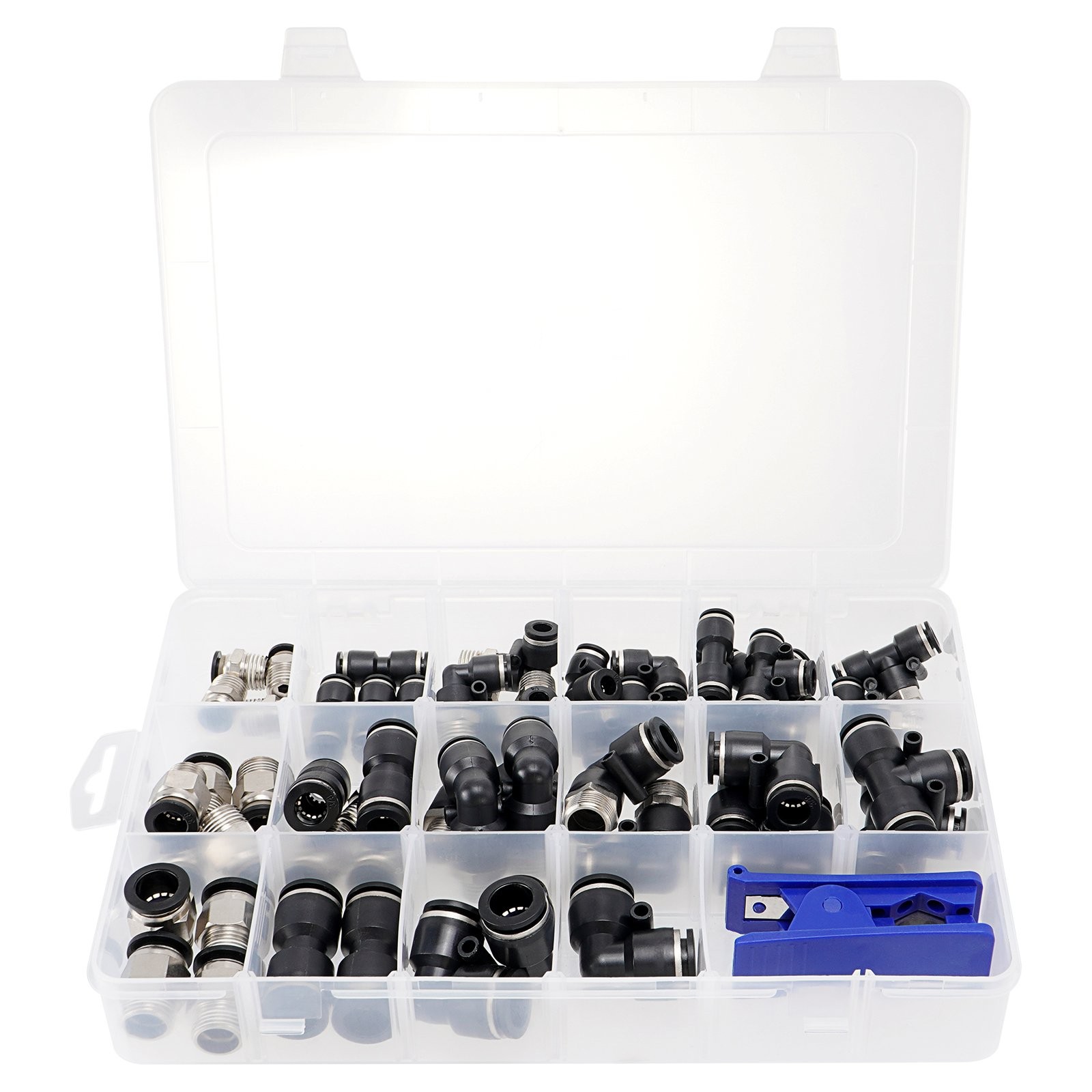52X Quick Connect Air Line Fitting Kit 1/4 3/8 1/2 Push to Connect + Tube Cutter