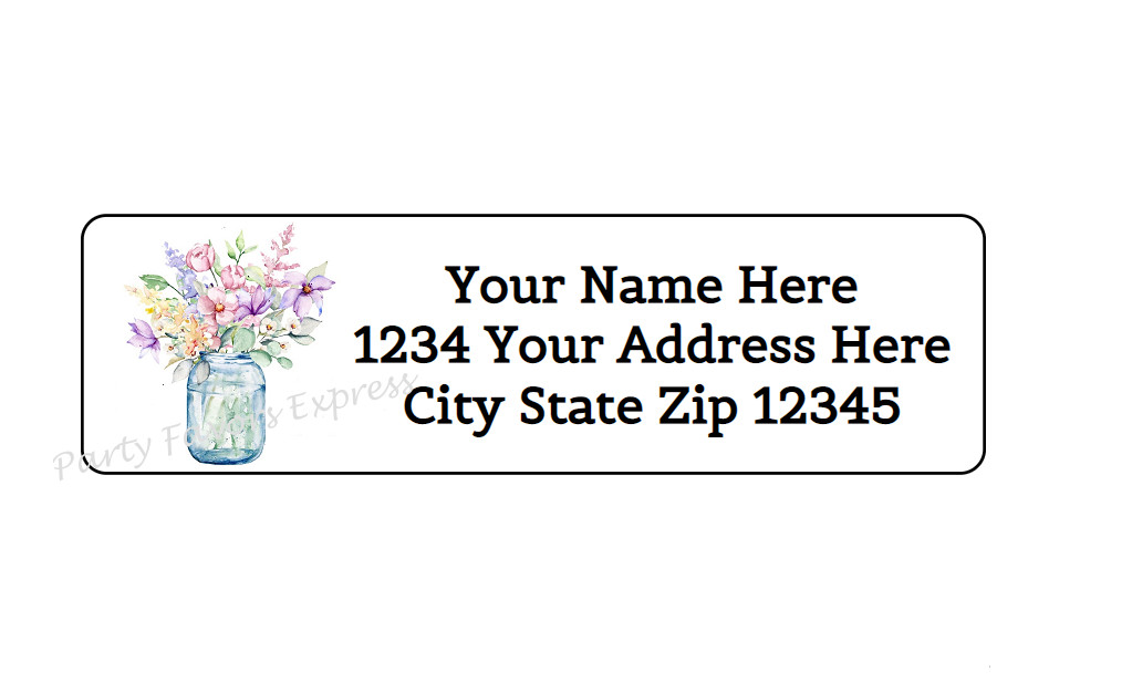 30 FLOWERS IN MASON JAR PERSONALIZED RETURN ADDRESS LABELS 1 in X 2.625 in