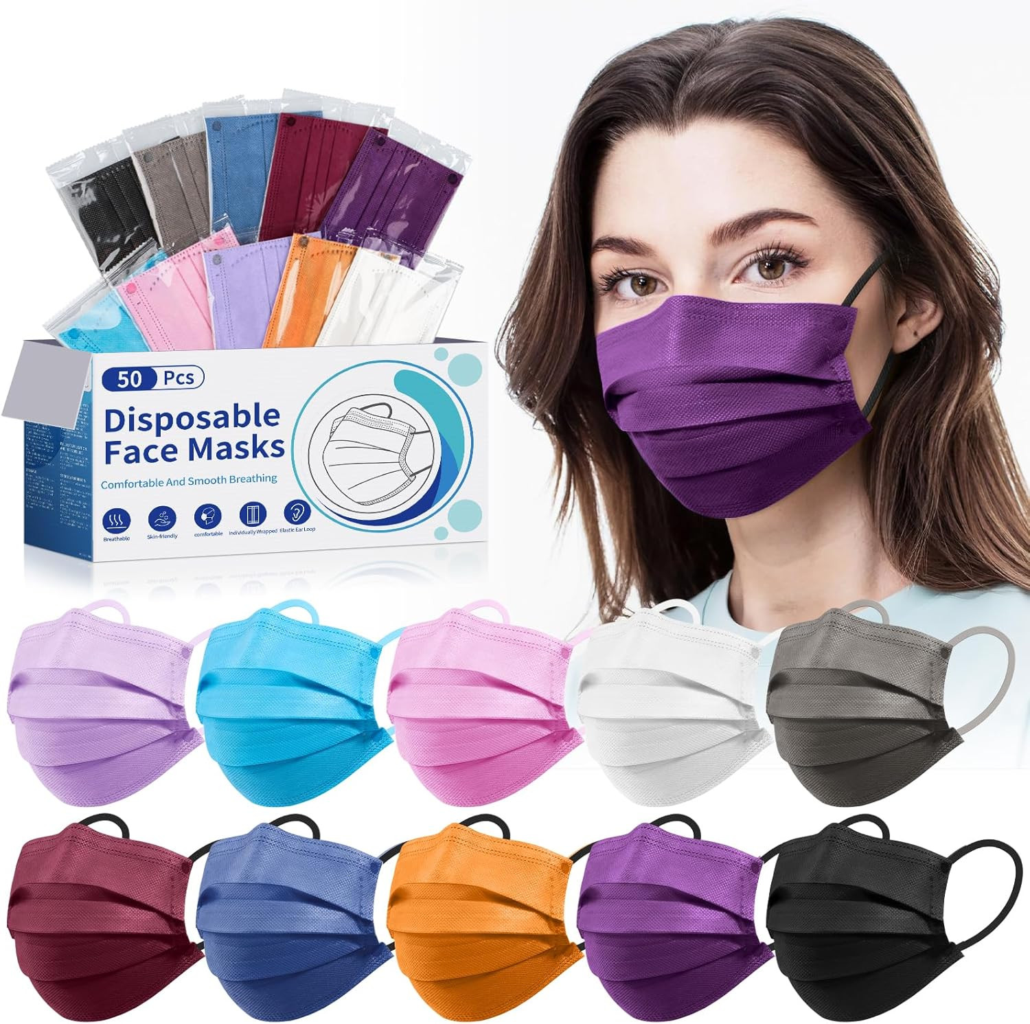 Disposable Face Mask for Adults – 4 Ply Protection, Individually Wrapped 50 Pack