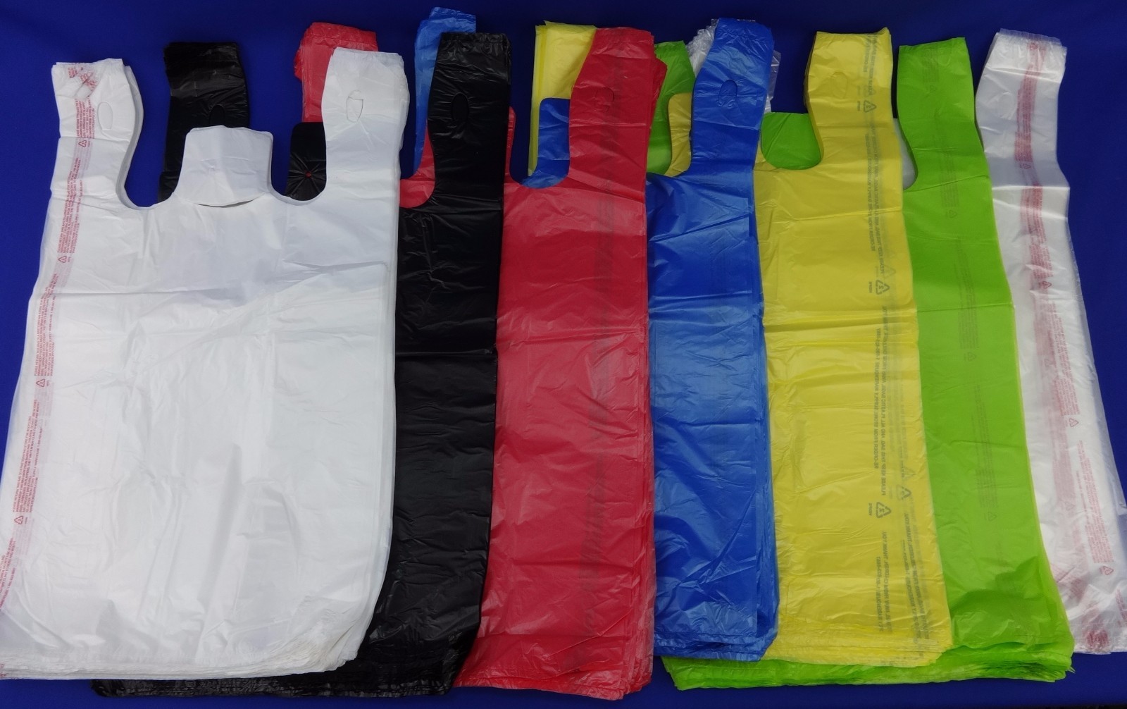11.5″ x 6″ x 21″ T-Shirt Bags Plastic Retail w/ Handles Variety of Colors & Qty.