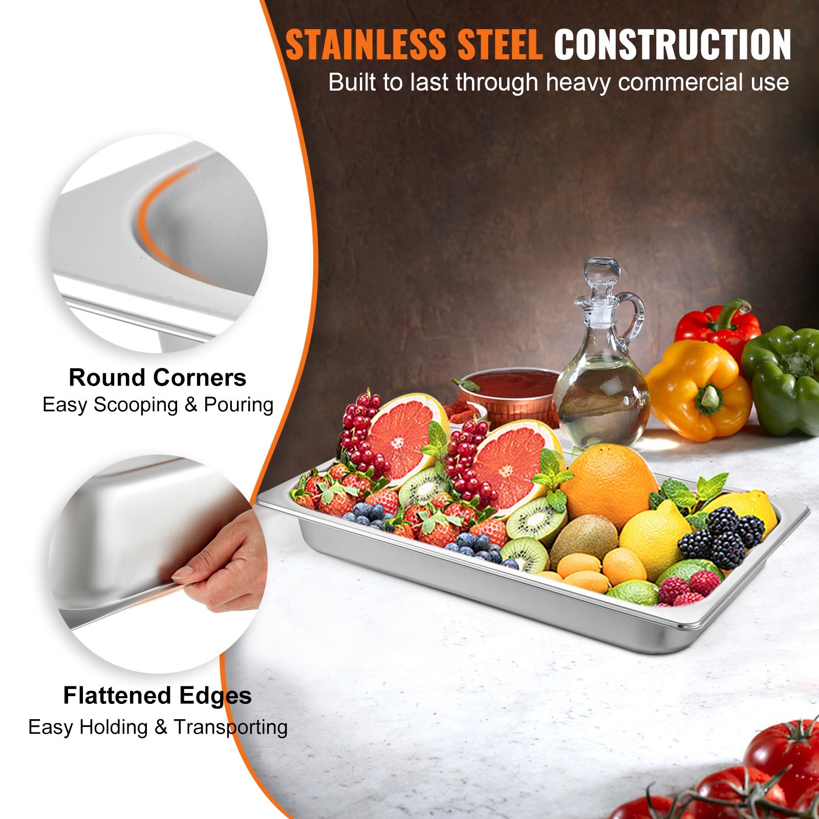 VEVOR 6 Pack 2.5″ Deep Stainless Steel Steam Table Pans Hotel Food Prep Pan