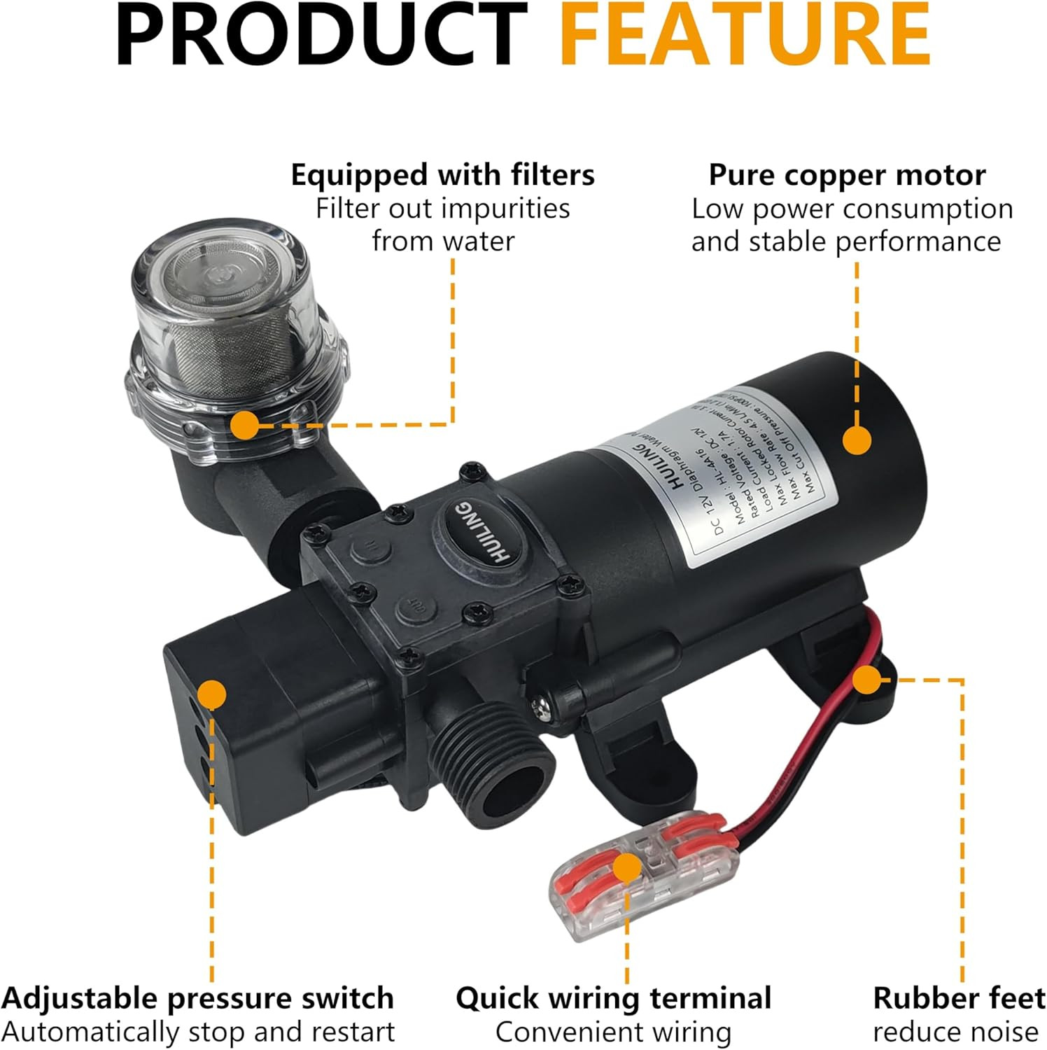 DC 12V Diaphragm Pump, Self-Priming Pump with Filter Quick Connection Terminal,