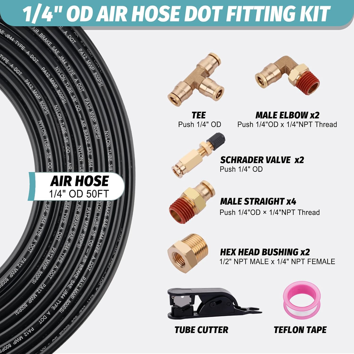 50FT 1/4 Air Hose Brass Fittings Kit 11Pcs 1/4″ OD Quick Push to Connect DOT Bra