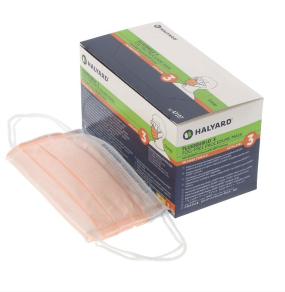 Halyard ASTM 47107 FluidShield Level 3 Orange Fog-Free Face Masks 40/Bx