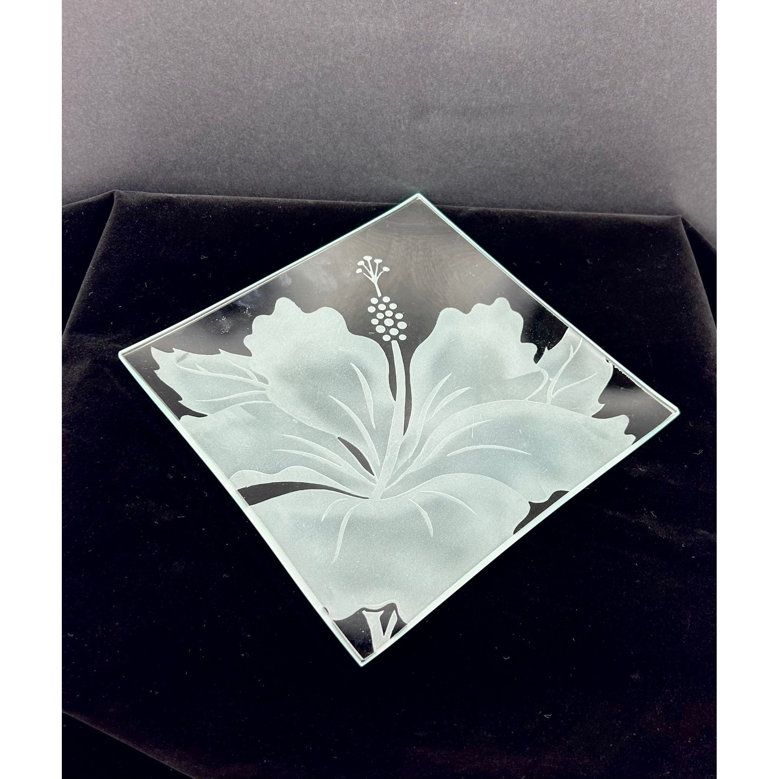 Frosted Glass Hibiscus Flower Square Decorative Tray Etched Clear Glass 7.75in