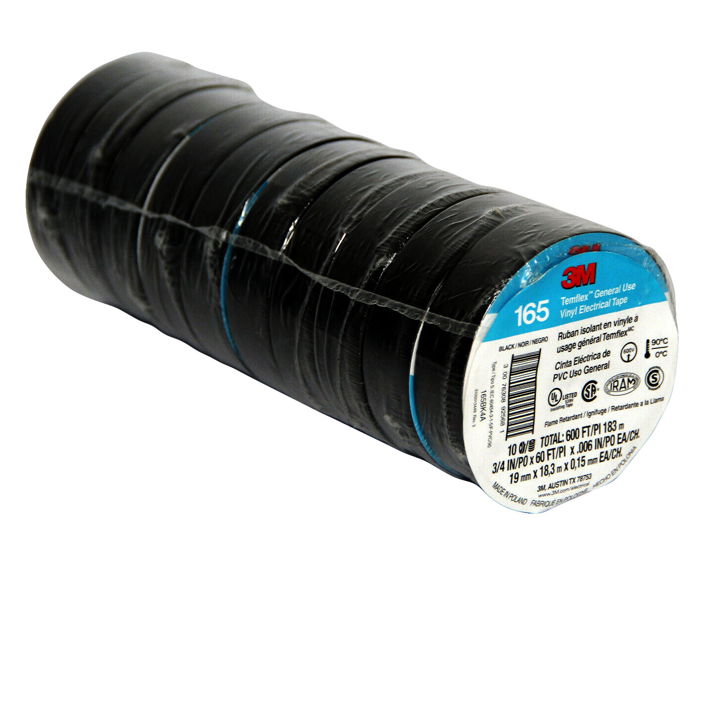 3M Temflex Vinyl Electrical Tape 165 Multi-purpose 3/4″ X 60FT Black 10 Roll