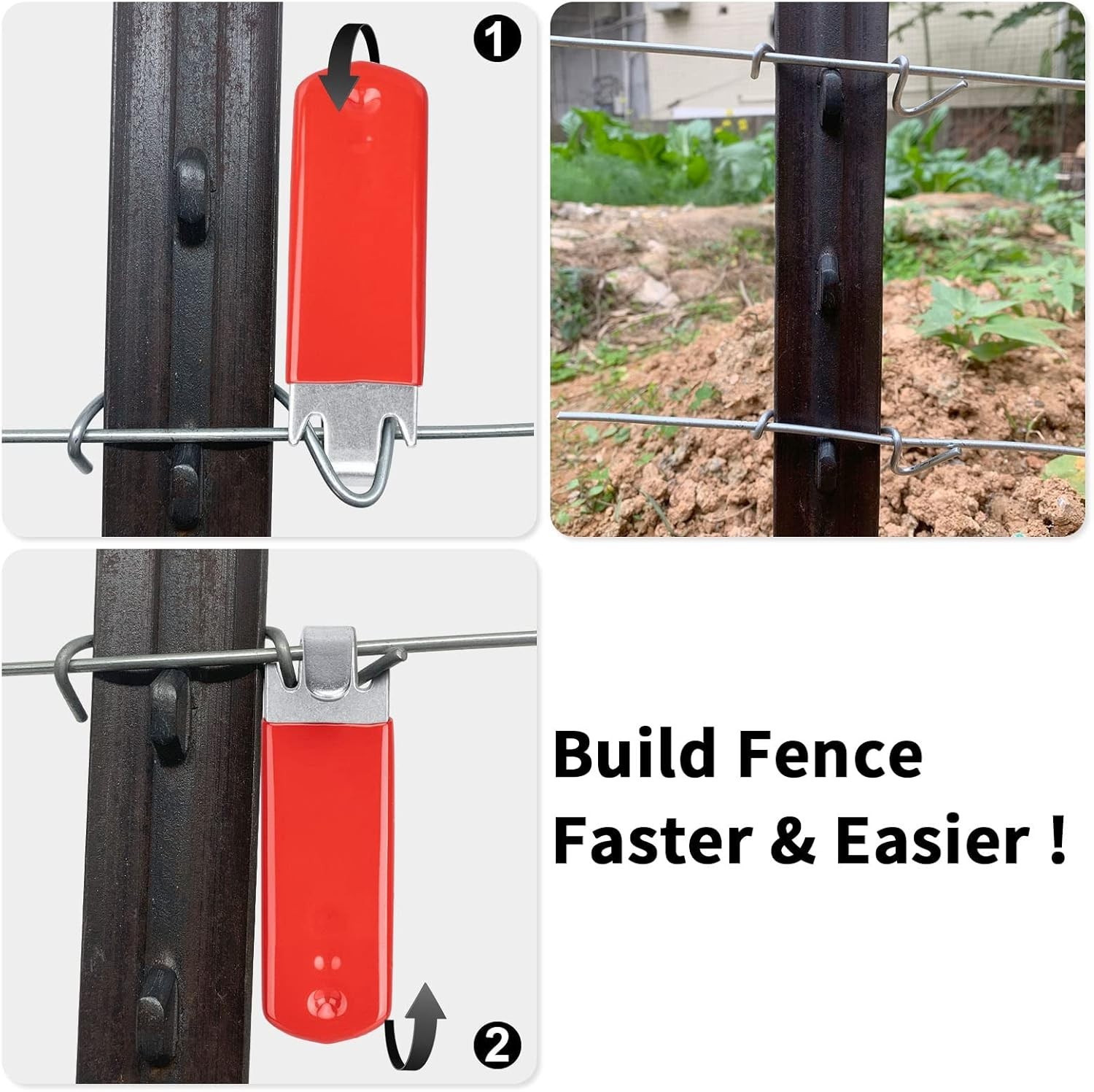 T-Post Clip Tool: Fence Wire Twisting and Fencing Tool with Red Rubber-Coated Ha