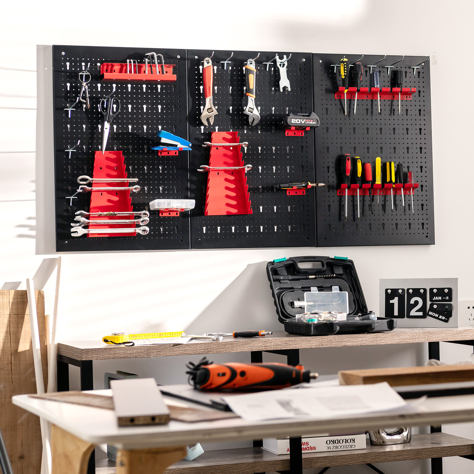 Pegboard Wall Organizer Kit 4 ft.Metal Toolboard W/ 25 Accessories & 3 Pegboards