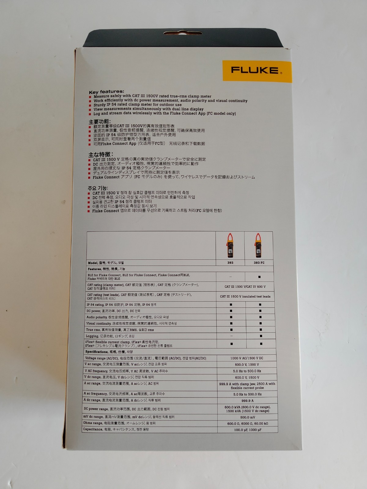Fluke 393 FC True-RMS Clamp Meter – 1500V CAT III, Compact, IP54 Rated NEW